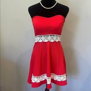 Super cute  Red Strapless Dress with Lace Detail